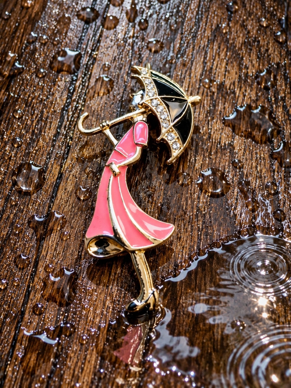 Gold Plated Pink Raincoat Woman Umbrella Brooch - Fashion Jewelry